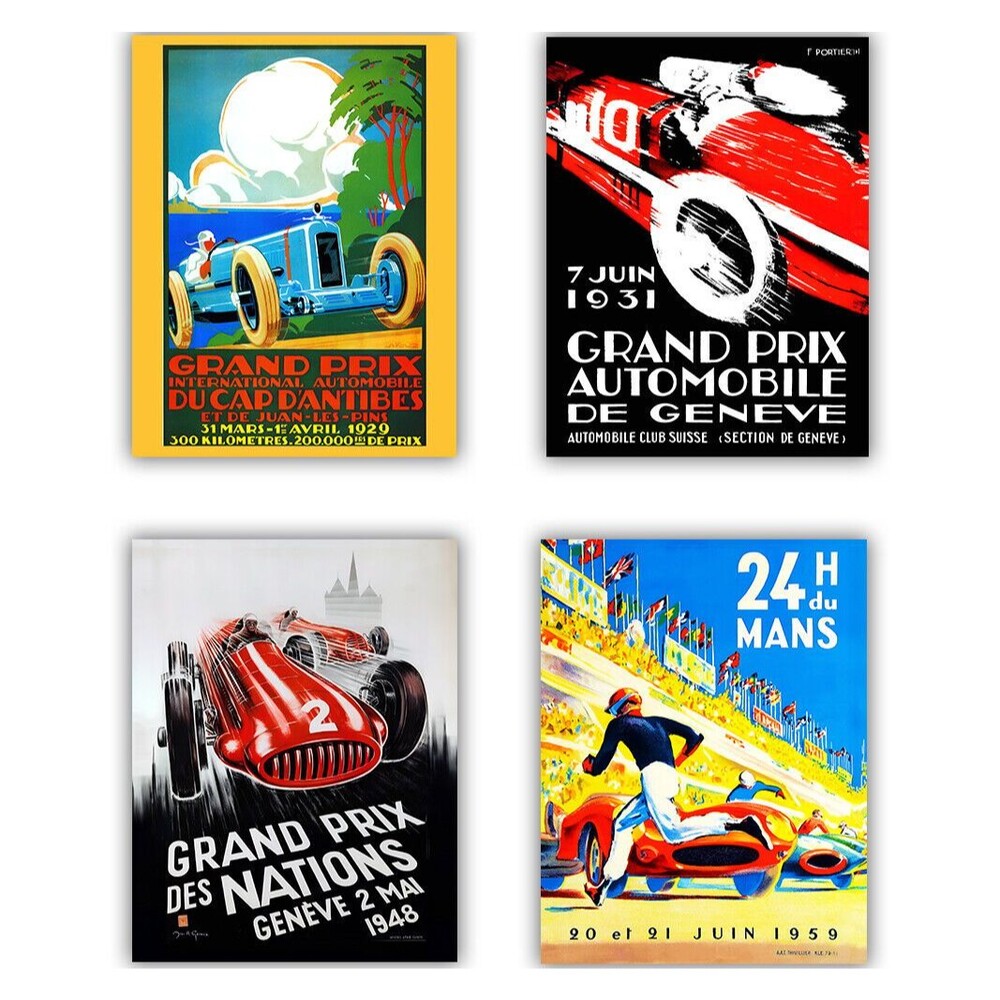 Vintage Grand Prix Racing Poster Prints Set 4 Wall Art Unframed 8x10